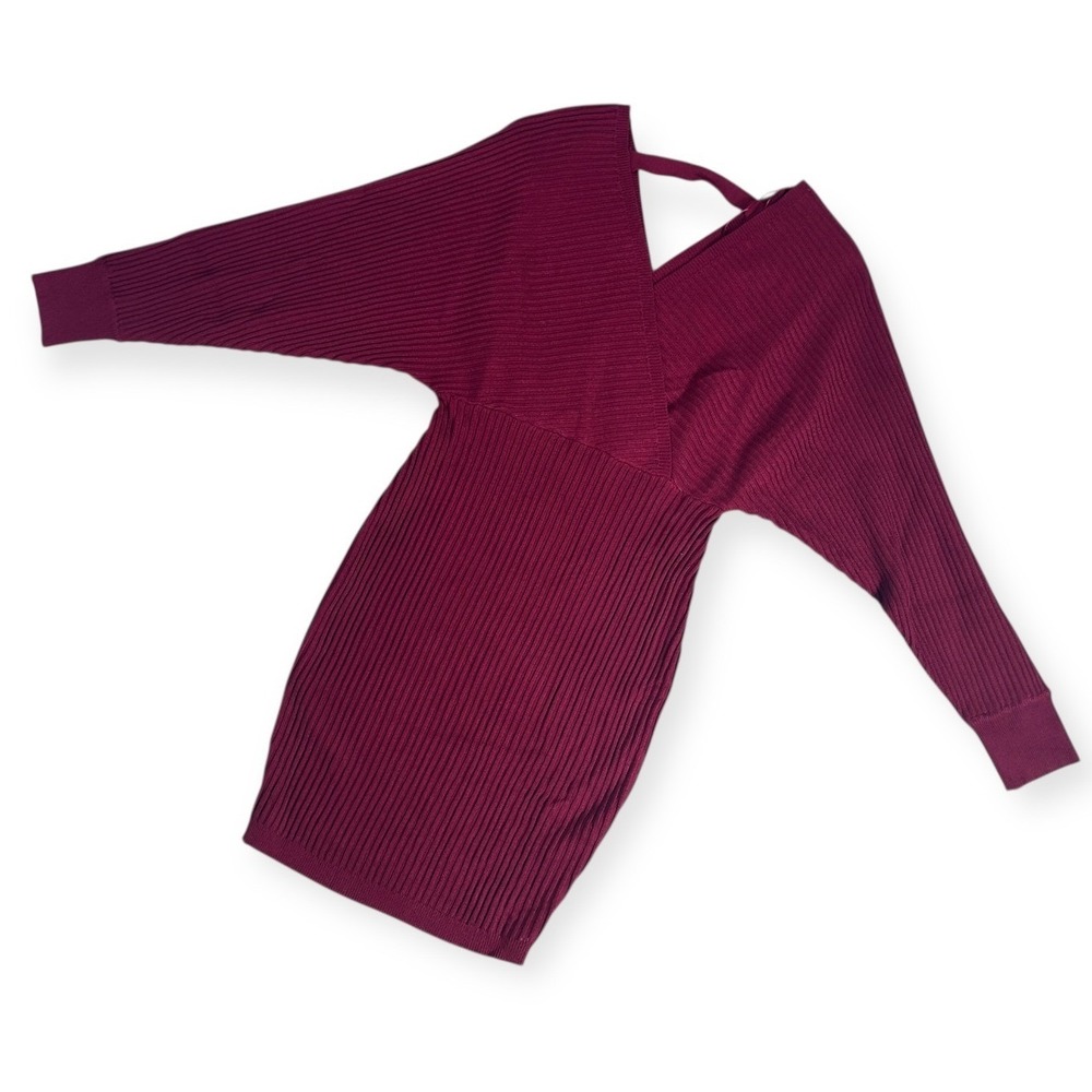 Love Tree Womens Burgundy Ribbed Knit Dolman Sleeve Bodycon Sweater Dress Medium
